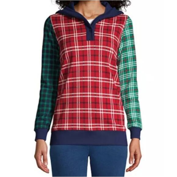 Lands' End Serious Sweats Hoodie Mixed Plaids Red Blue Green size Large (14-16) - Picture 2 of 16